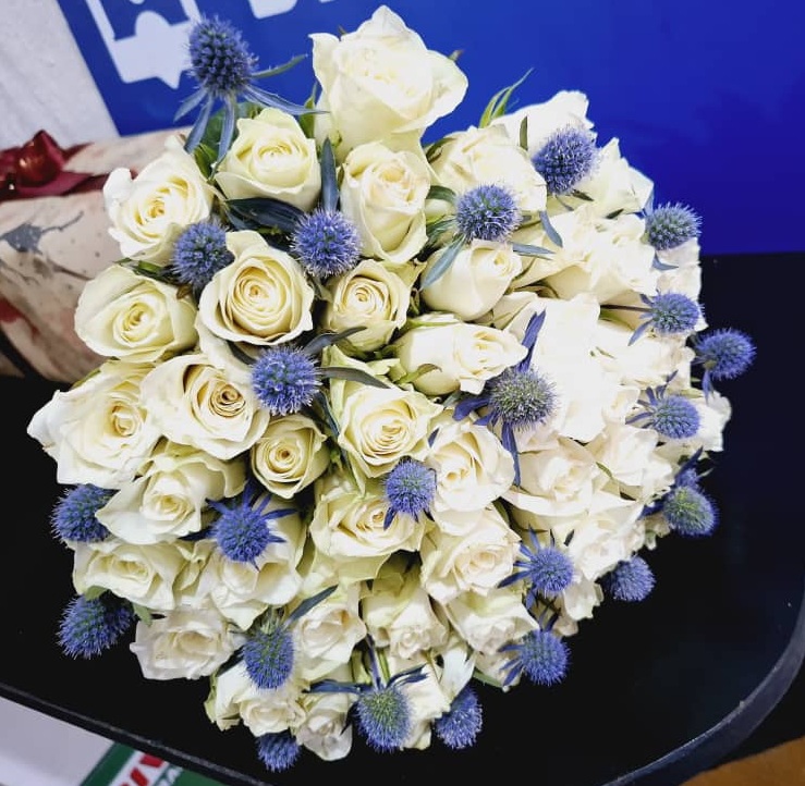 Sapphire Mist White Rose Bouquet